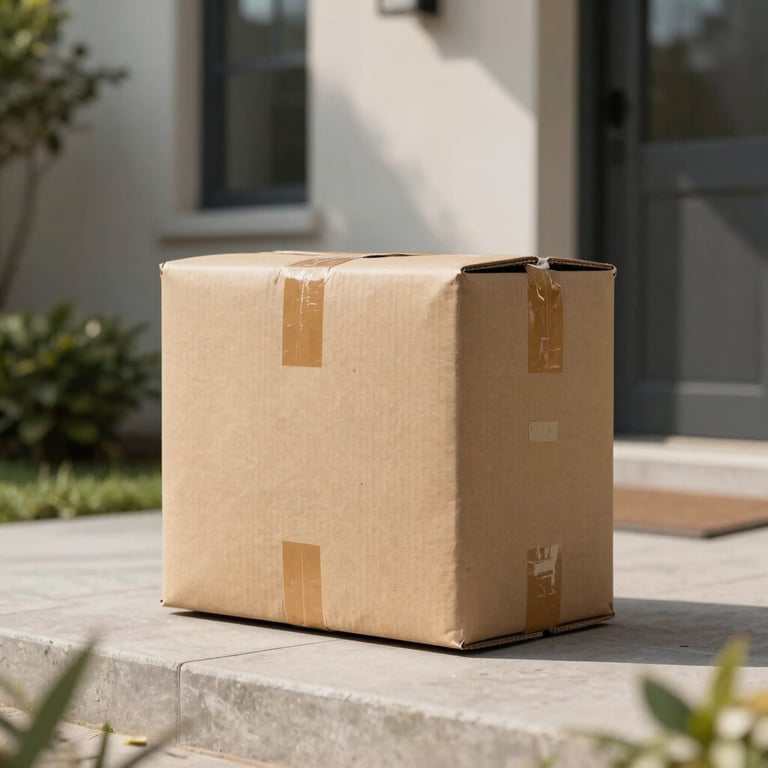 A secure package sitting neatly on the doorstep of a modern residential home, natural lighting.