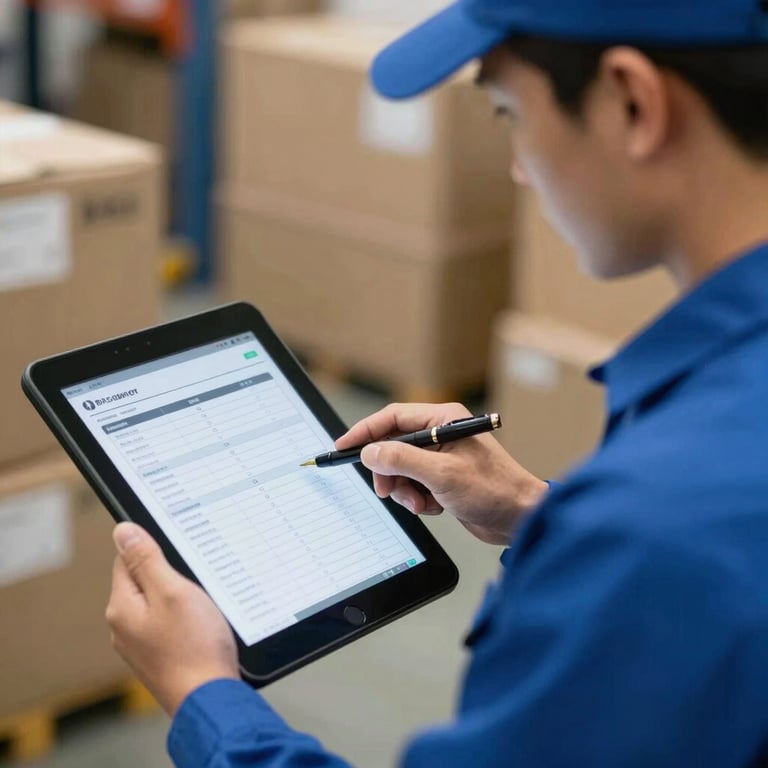 Close-up of a logistics professional in a medium blue uniform checking a digital inventory list.