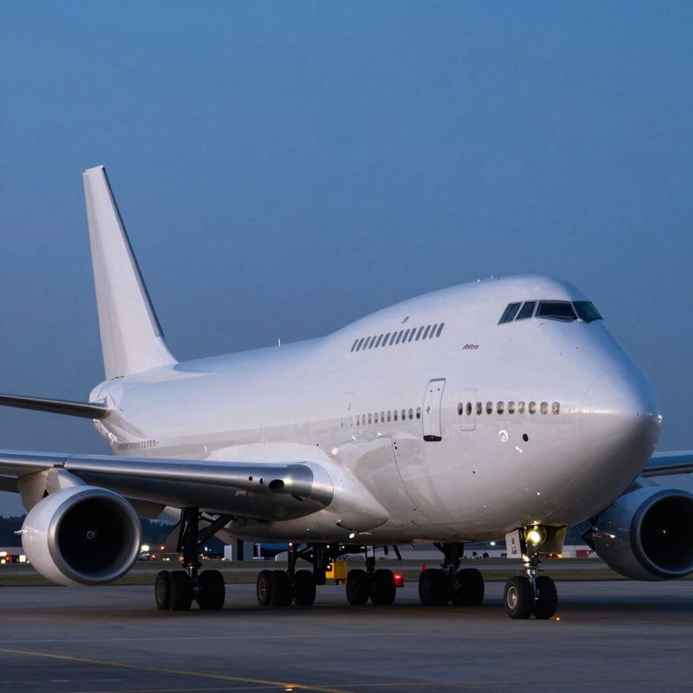 A large cargo plane on an airport tarmac at dusk with deep blue lighting, symbolizing global reach.