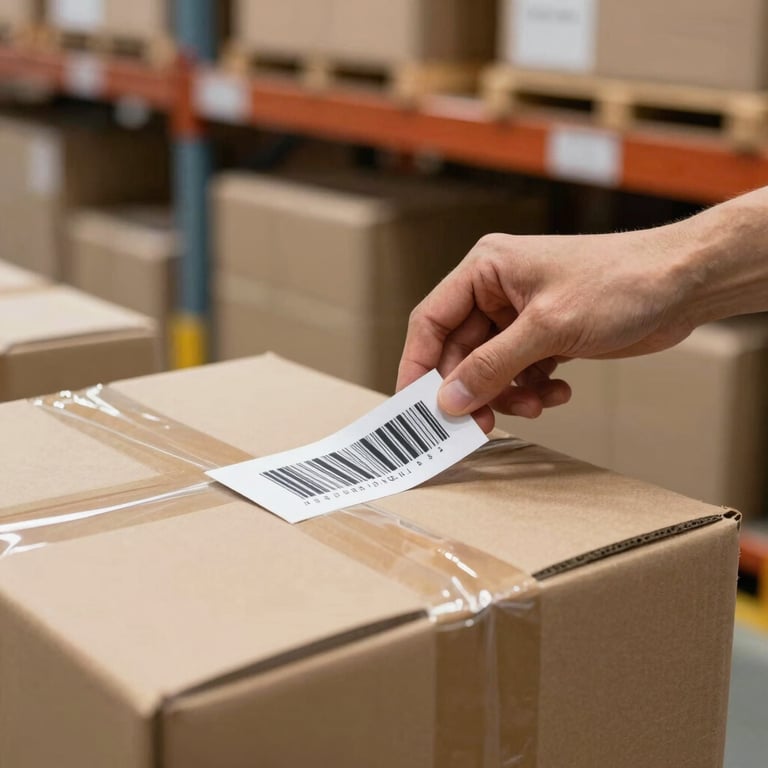 A person scanning a barcode on a cardboard box in a well-lit, organized warehouse environment.
