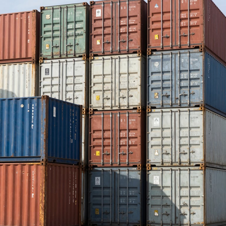 Rows of stacked shipping containers in a busy international port with the sun reflecting off the metal.