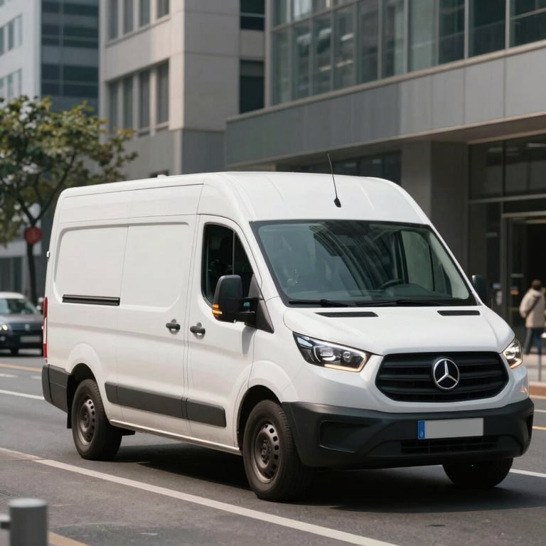A modern white delivery van driving through a clean, international city street under bright daylight.