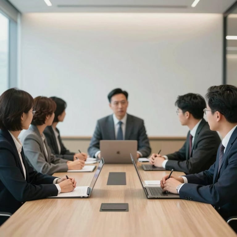 Blurred background of a professional team in a North American corporate meeting room, bright and airy lighting.
