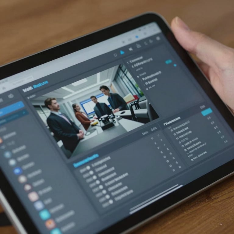 A focused close-up of a high-tech tablet showing a security dashboard with professional gray and blue colors.