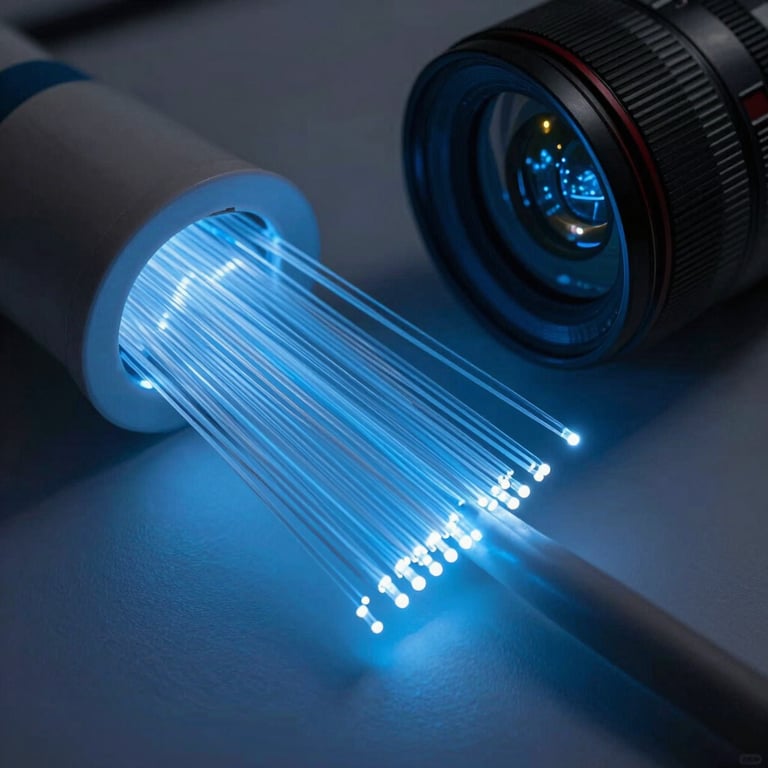 High-angle shot of fiber optic cables glowing with soft blue light, representing high-speed data protection.