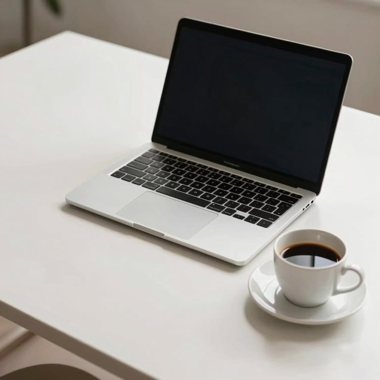 A minimalist North American workspace with a silver laptop and a cup of coffee on a clean off-white desk.