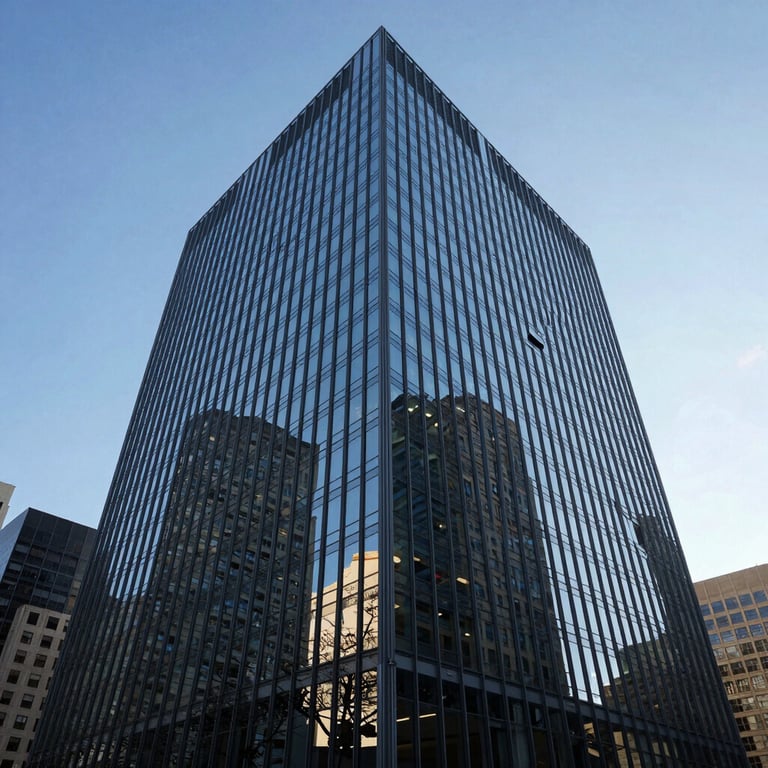 A sleek, modern glass office building in a major North American city, reflecting a bright blue sky, wide angle photography.
