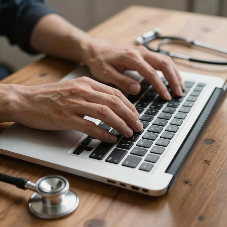 Close-up of hands typing on a laptop with a stethoscope nearby on a wooden desk.