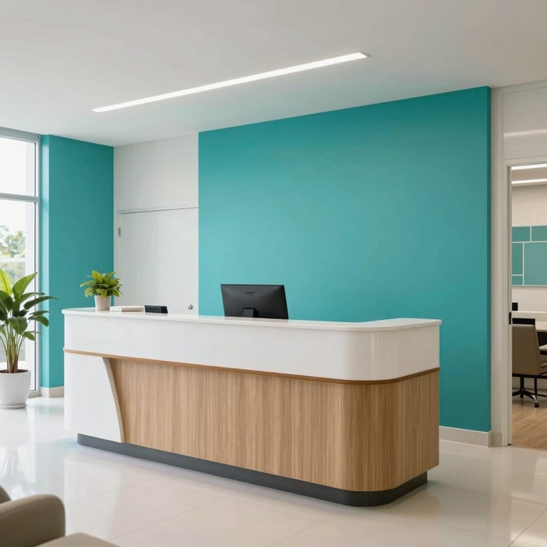 Bright and modern reception area of a Brazilian healthcare facility with teal decor.