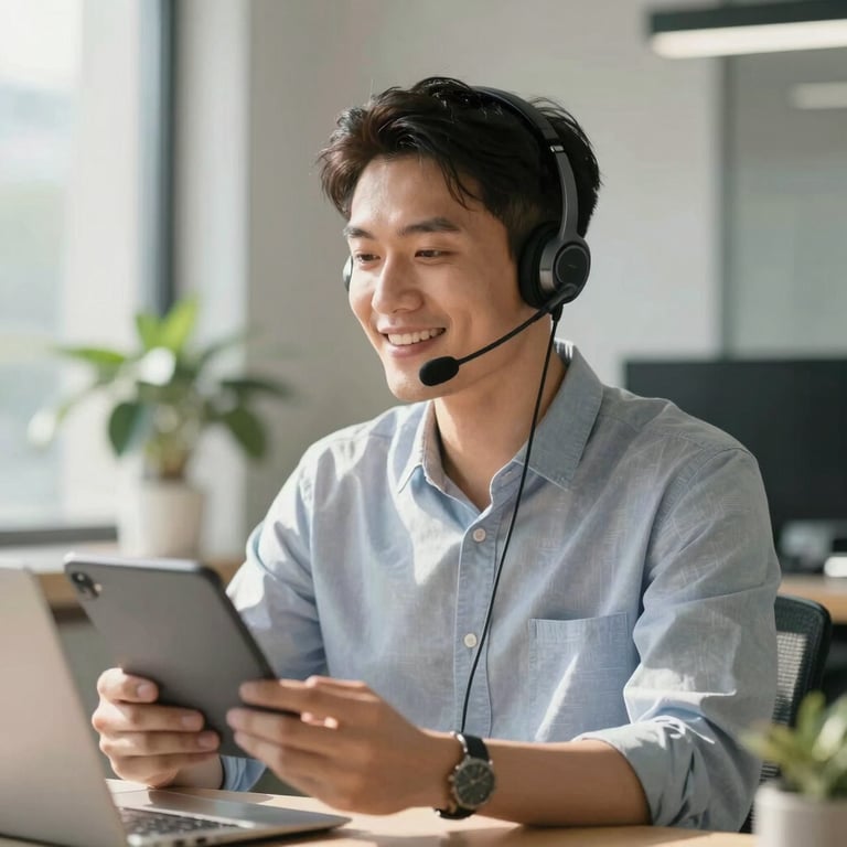 A friendly virtual assistant talking through a high-quality headset in a sunny office.