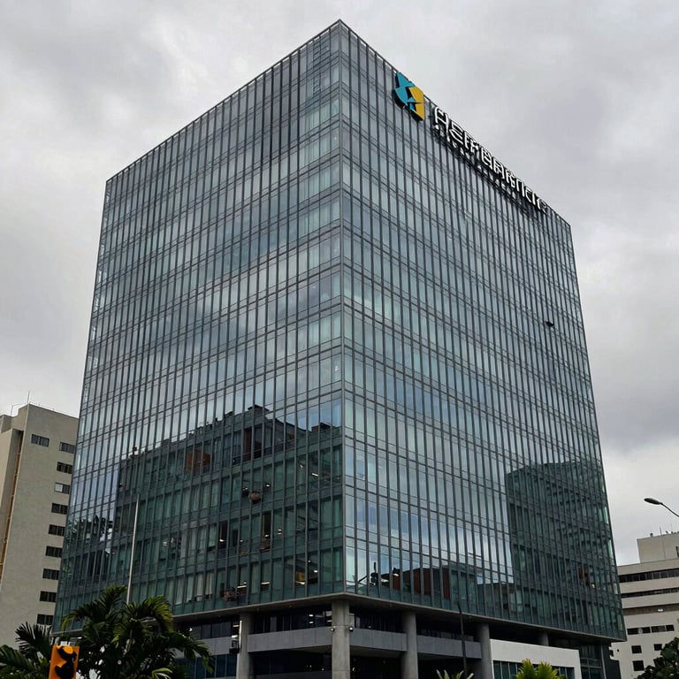 Modern glass building of a health technology company in a South American city.