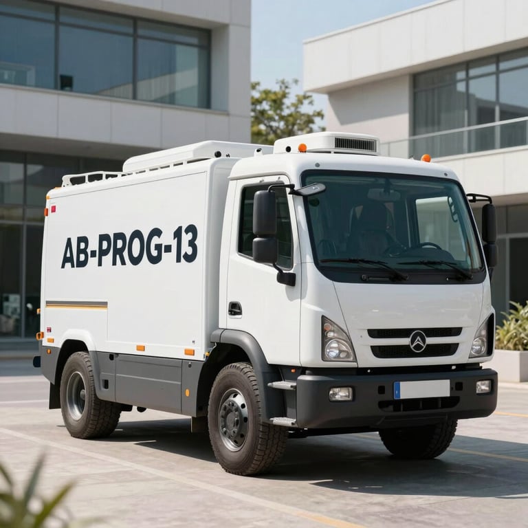An AB-PROG-13 service vehicle parked in a bright, modern urban setting in Martigues during a sunny day.