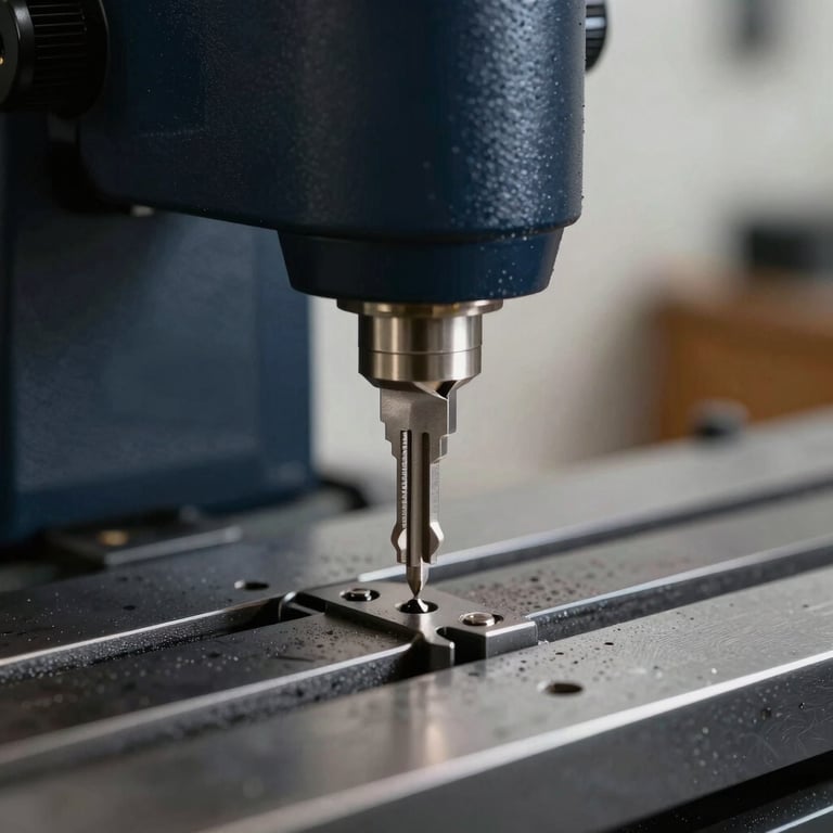 A high-end motorcycle key being precisely cut on a professional machine in a workshop with dark navy accents.