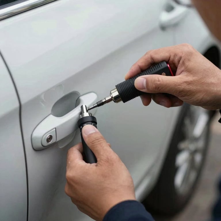 Close-up of a technician's hands using specialized, non-destructive tools to unlock a car door safely.