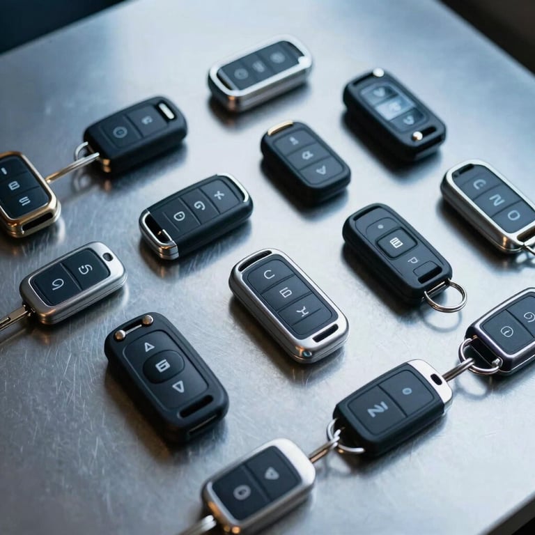 A variety of modern car key fobs and transponders arranged neatly on a steel blue surface.