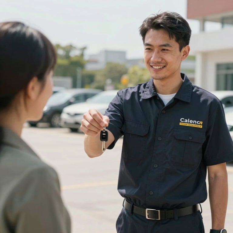 A professional technician in a branded uniform handing over new keys to a client in a bright outdoor parking area.