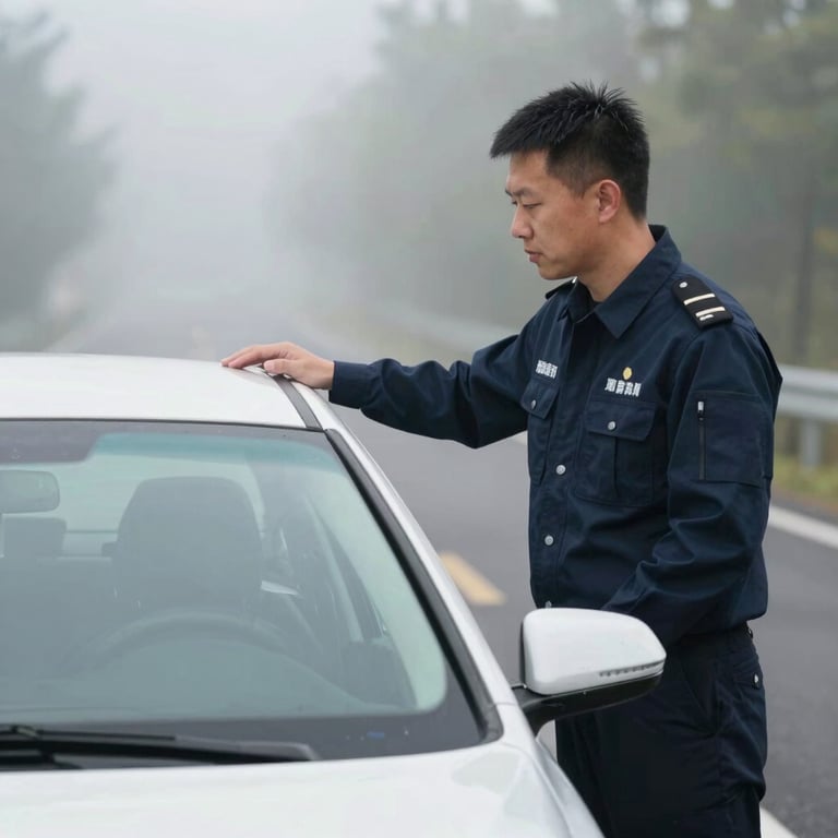 A professional instructor in uniform guiding a driver through a simulated foggy road scenario, focus on training and expertise.