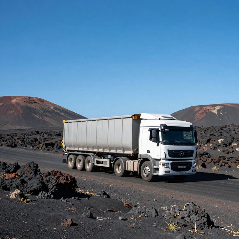 A scenic view of a heavy transport truck driving through the volcanic landscape of Lanzarote under a bright blue sky.