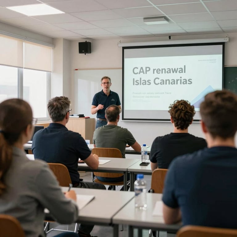 A group of professional drivers in a bright, modern classroom during a CAP renewal theory session in Islas Canarias.