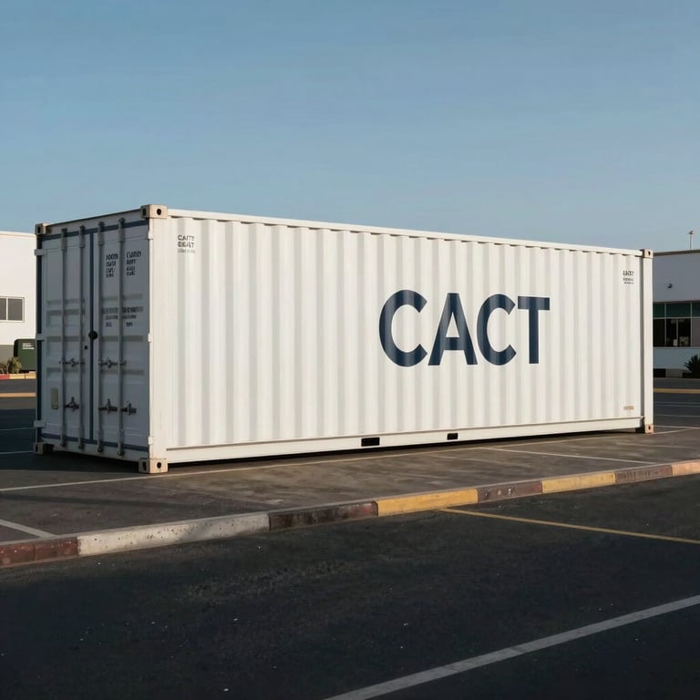 The exterior of a clean white 20ft shipping container with minimalist CACT branding parked in a sunny business park in Fuerteventura.