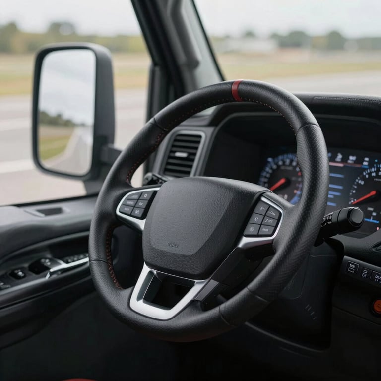 A detailed shot of a steering wheel and dashboard of a high-end truck simulator, modern interface, soft indoor lighting, professional training environment.