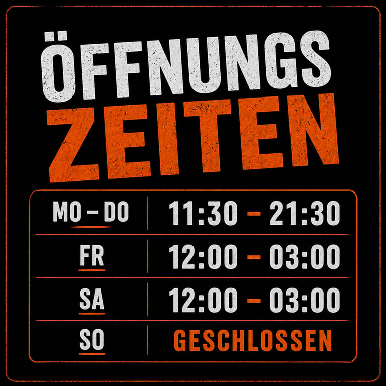 German opening hours sign showing business schedule from Monday to Sunday in white and orange text.
