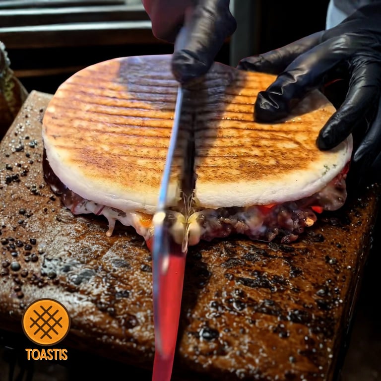 a person in gloves and gloves cutting a sandwich Toastis, Toastup