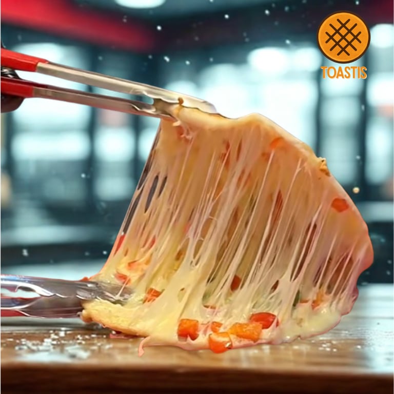 a person cutting a piece of Toastis Toastup with a fork and knife