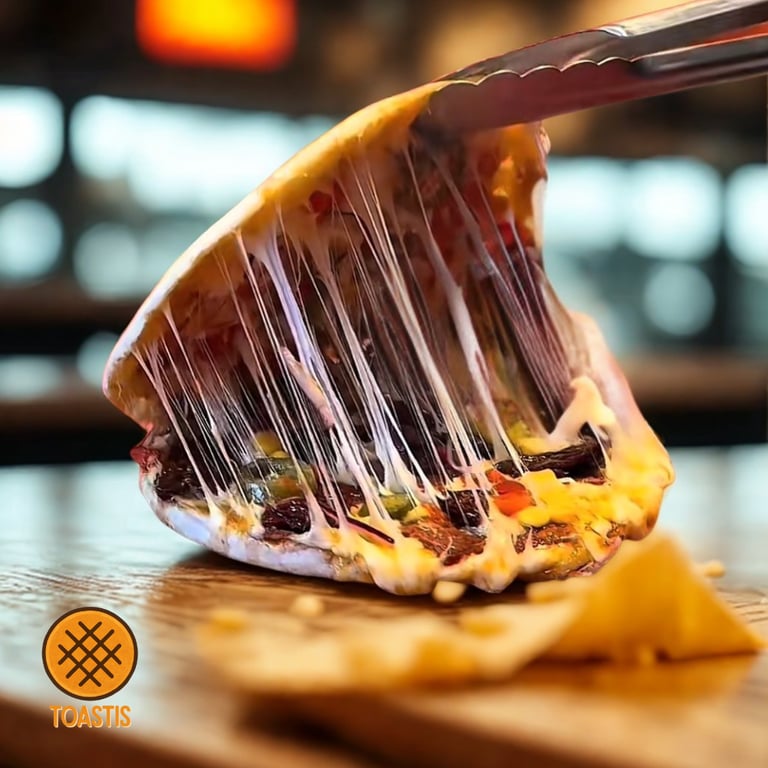 a person cutting a Toastis Toastup pizza with a knife and fork