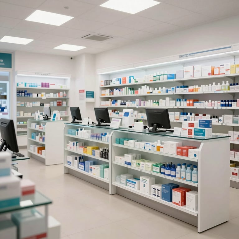 A bright, modern pharmacy interior in Central Europe, showing immaculate glass counters.