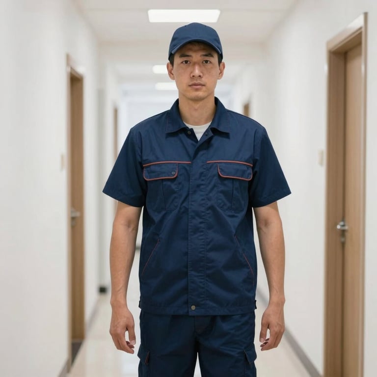 A professional cleaning technician in a clean, navy blue uniform standing in a bright hallway.