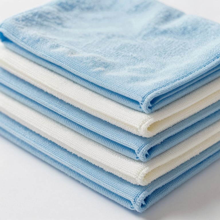 Neatly stacked microfiber cleaning cloths in shades of pale blue and off white.