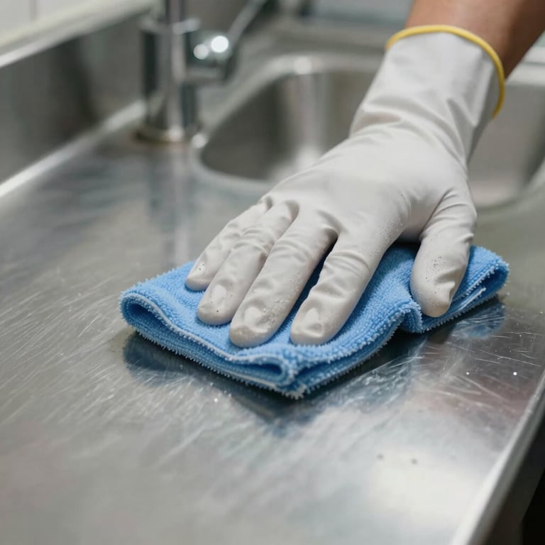 A close-up of a professional cleaner's gloved hand wiping a stainless steel surface to a shine.