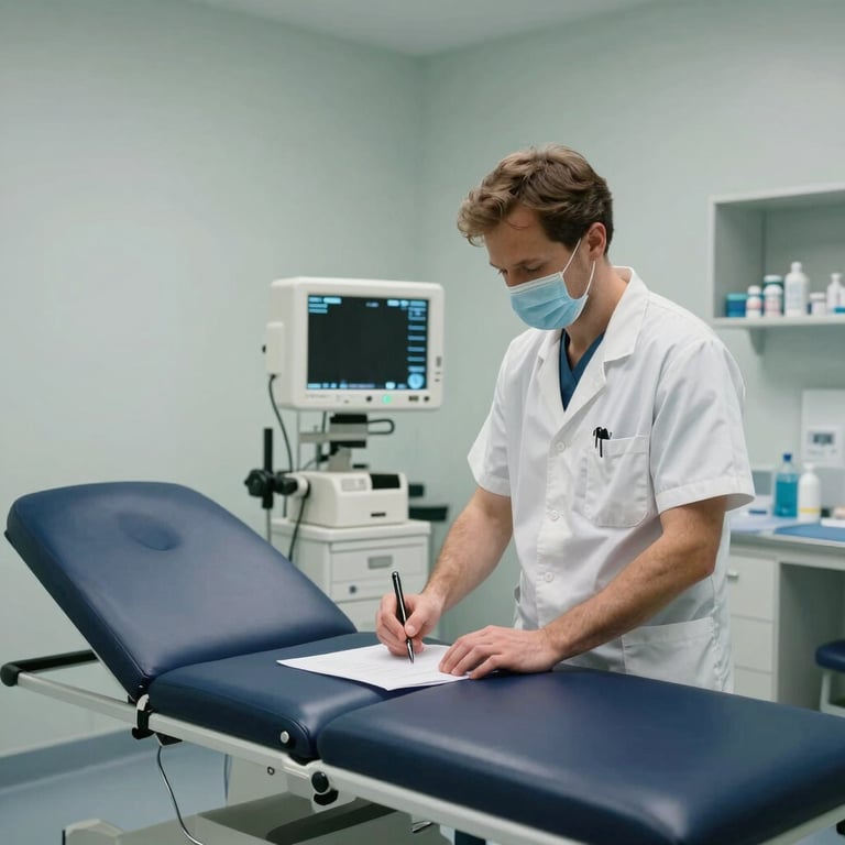 A sterile, clean examination room in a German doctor's surgery with navy blue accents.
