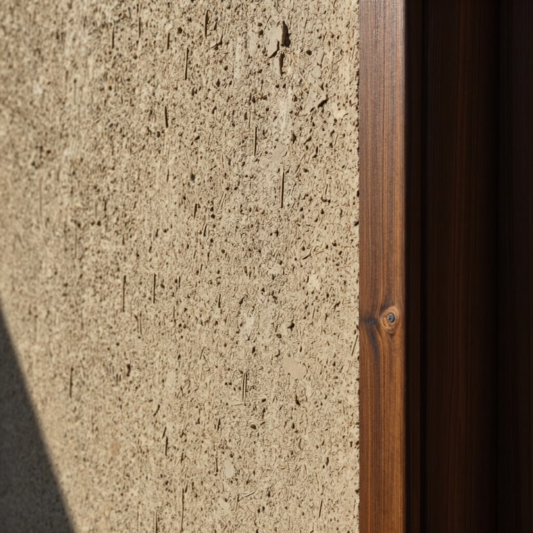 Close-up detail of textured rammed earth wall meeting dark stained timber, sharp shadows under strong side lighting, architectural material focus.