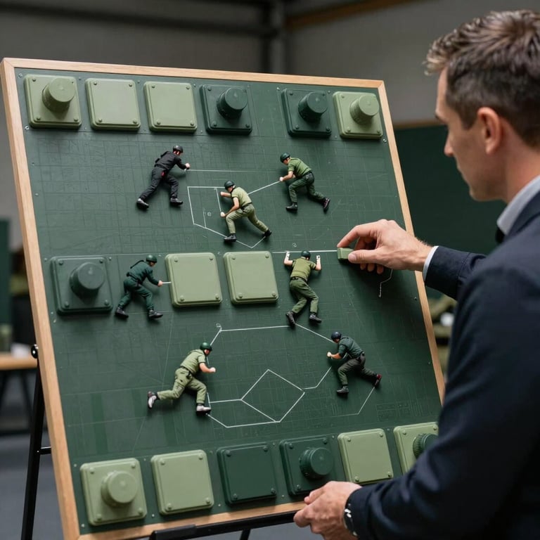 A tactical board with dark green and sage magnets showing complex player movements, held by an expert coach in professional attire.