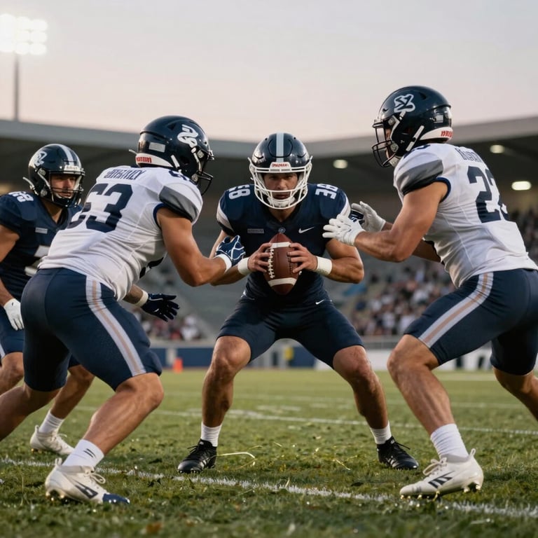 Professional football players in a high-intensity tactical drill, Iberian setting, focused expressions, evening stadium lighting with soft shadows.