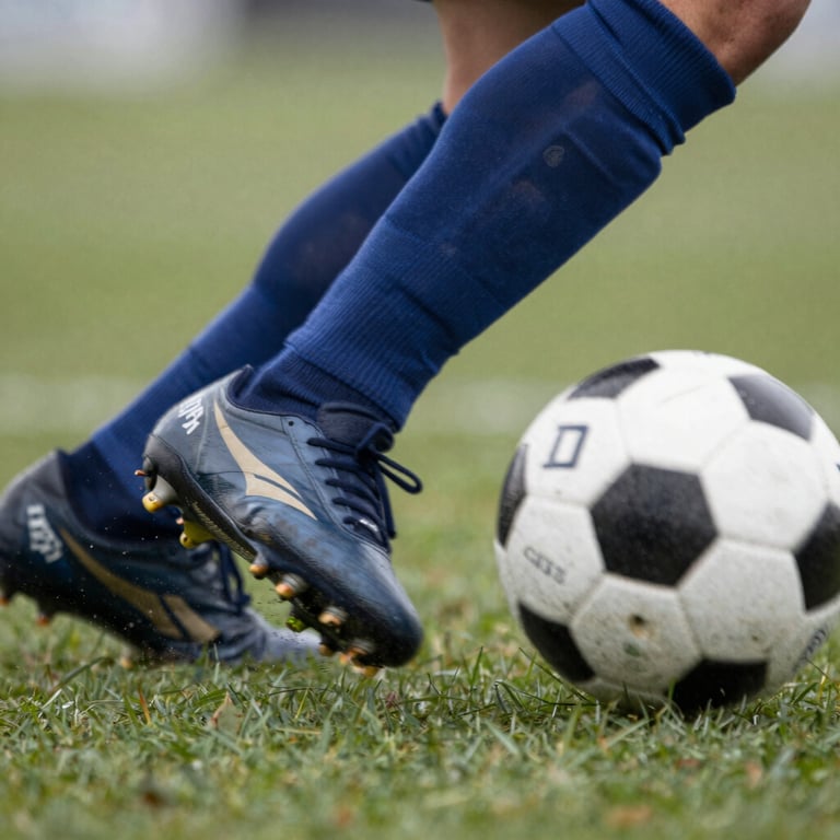 Extreme close-up of a player's boots as they strike a ball under heavy defensive pressure, motion blur suggesting high speed and strategic decision making.
