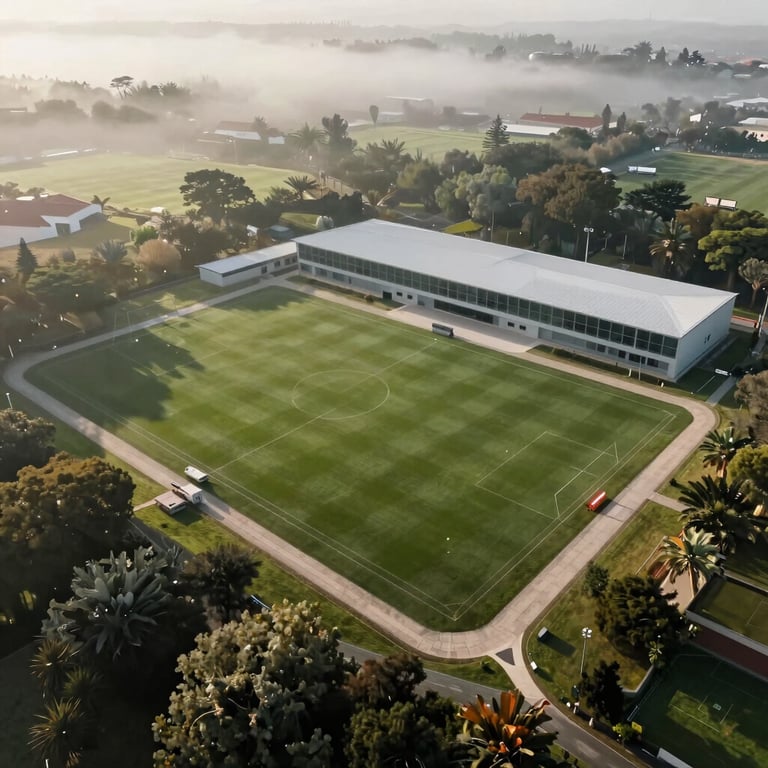 Aerial view of a modern training facility in Portugal, lush green pitches surrounded by Mediterranean trees in morning mist.