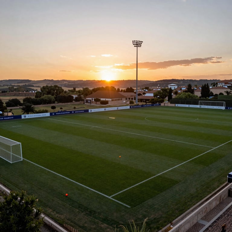 A wide shot of a sunset over a professional training ground in an Iberian landscape, highlighting the prestige and exclusivity of an elite football academy.
