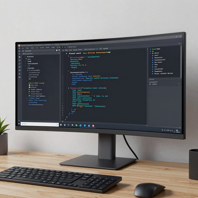 A sleek, minimalist workstation featuring a large curved monitor with modern web development code in cyan and white text.
