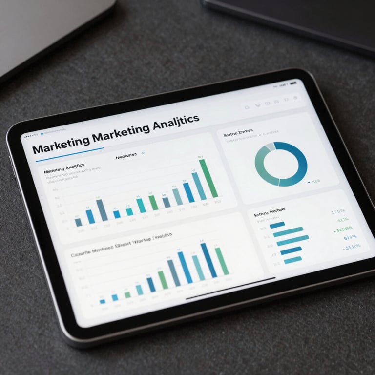 Close-up of a tablet on a dark executive desk showing a high-performance marketing analytics dashboard.