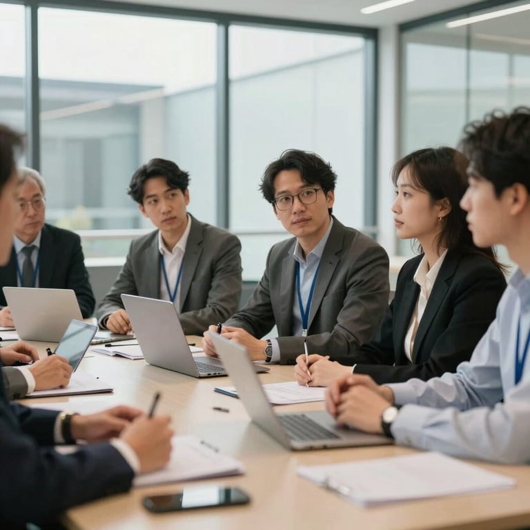 A professional setting in North America showing a group of experts engaged in a strategic marketing workshop in a bright glass room.
