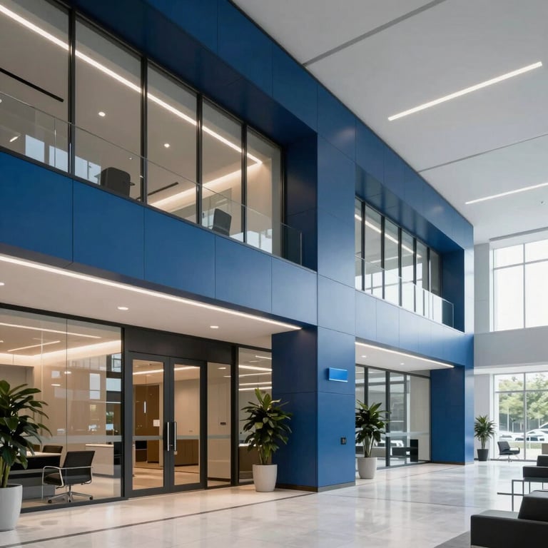 A sophisticated modern lobby of a tech company in North America, with clean lines and steel blue architectural details.