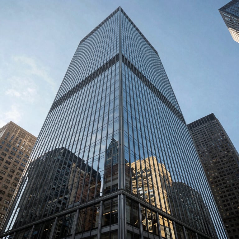 A low-angle shot of a glass skyscraper reflecting a clear sky in a major North American business district.