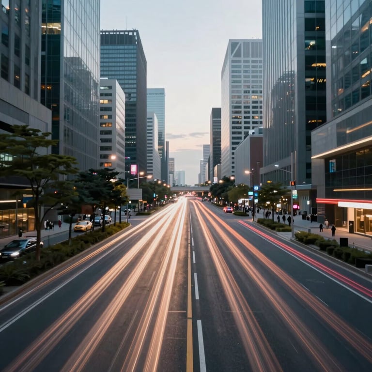 A high-speed capture of light trails through a modern city, symbolizing fast digital connectivity and forward-thinking technology.