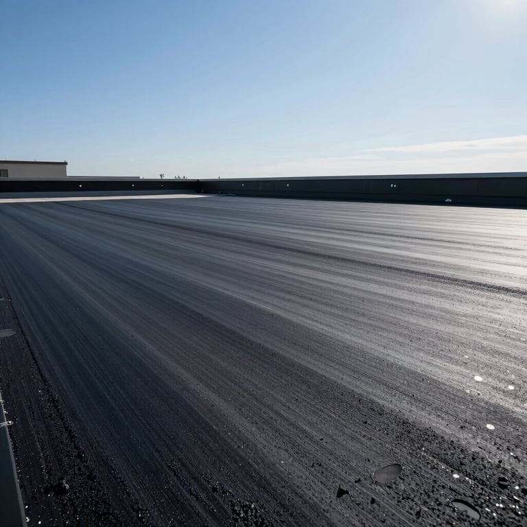 Detailed view of a perfectly installed asphalt membrane on a flat roof under clear blue skies.