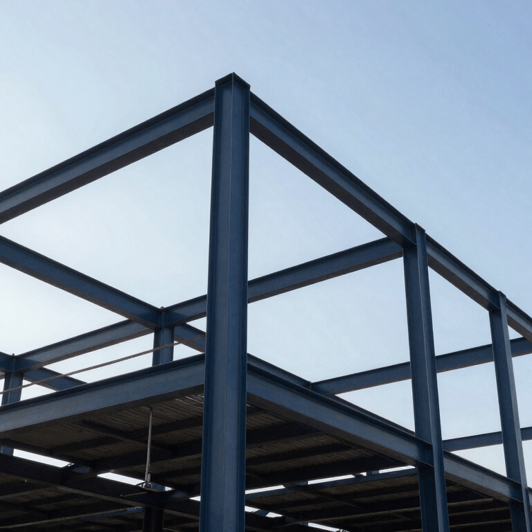 A finished metal structure for a modern South American / Latin American warehouse, painted in dark navy blue.