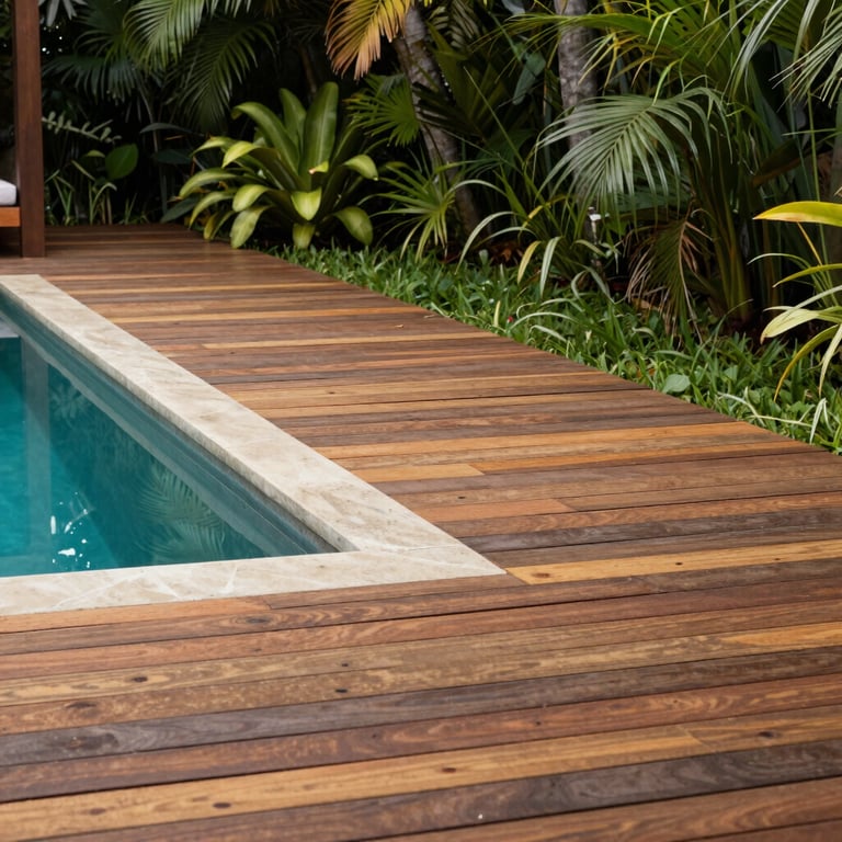 A luxury wooden deck surrounding a pool in a South American / Latin American garden setting.