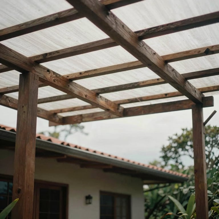 A sturdy pergola with a translucent roof, integrating perfectly into a modern South American / Latin American terrace.